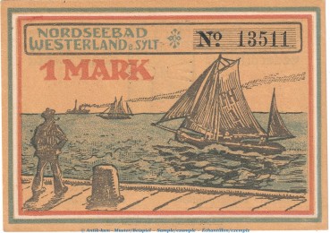 Preview: Notgeld Stadt Westerland Sylt 1418.2 , 1 Mark Schein in kfr. von 1921 , Schleswig Holstein Seriennotgeld