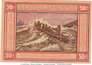 Preview: Notgeld Stadt Westerland Sylt 1418.2 , 50 Pfennig Schein in kfr. von 1921 , Schleswig Holstein Seriennotgeld