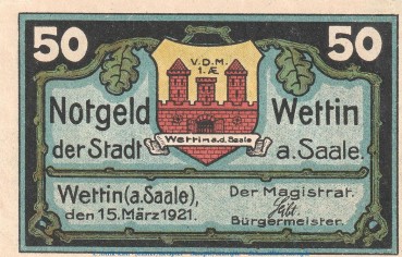 Notgeld Stadt Wettin 1421.2 , 50 Pfennig Schein in kfr. von 1921 , Sachsen Anhalt Seriennotgeld