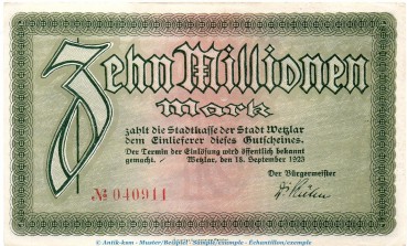 Notgeld Stadt Wetzlar , 10 Millionen Mark in kfr. Keller 5594 von 1923 , Rheinland Inflation
