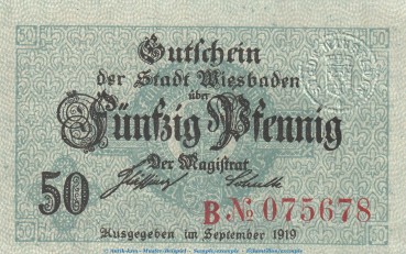 Notgeld Stadt Wiebaden 50 Pfennig -dkl.Kreuze- in kfr. Tieste 7915.05.41 von 1919 , Hessen Verkehrsausgabe