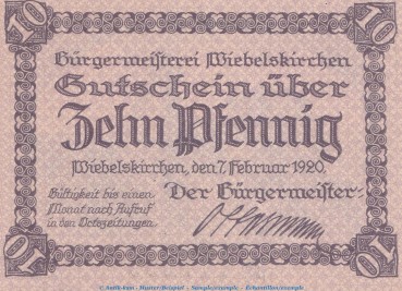 Notgeld Stadt Wiebelskirchen 7890.05.01 , 10 Pfennig -Schachtanlage- in kfr. von 1920 , Rheinland Verkehrsausgabe