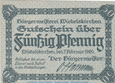Notgeld Stadt Wiebelskirchen 7890.05.03 , 50 Pfennig -Schachtanlage- in kfr. von 1920 , Rheinland Verkehrsausgabe
