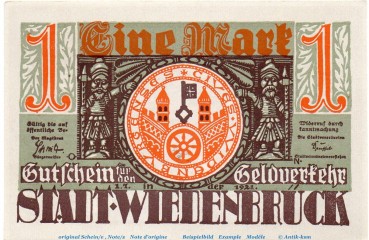 Notgeld Stadt Wiedenbrück 1423.1.b , 1 Mark Schein -IE- in kfr. von 1921 , Westfalen Seriennotgeld