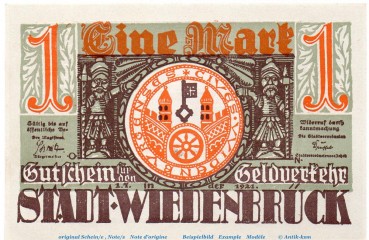 Notgeld Stadt Wiedenbrück 1423.1.b , 1 Mark Schein -W- in kfr. von 1921 , Westfalen Seriennotgeld