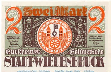 Notgeld Stadt Wiedenbrück 1423.1.b , 2 Mark -CK- mit Drfa. in kfr. von 1921 , Westfalen Seriennotgeld