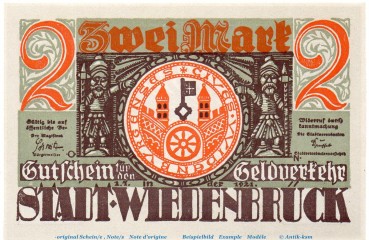 Notgeld Stadt Wiedenbrück 1423.1.b , 2 Mark -DE- mit Drfa. in kfr. von 1921 , Westfalen Seriennotgeld