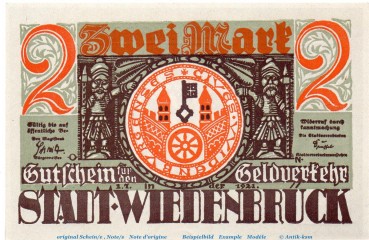 Notgeld Stadt Wiedenbrück 1423.1.b , 2 Mark -NB- mit Drfa. in kfr. von 1921 , Westfalen Seriennotgeld