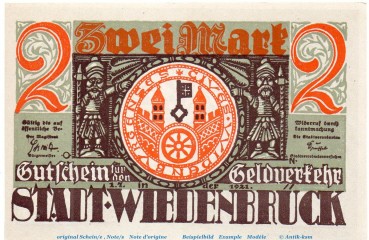Notgeld Stadt Wiedenbrück 1423.1.b , 2 Mark -RÜ- mit Drfa. in kfr. von 1921 , Westfalen Seriennotgeld