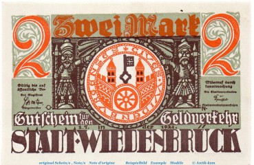 Notgeld Stadt Wiedenbrück 1423.1.b , 2 Mark -W- mit Drfa. in kfr. von 1921 , Westfalen Seriennotgeld