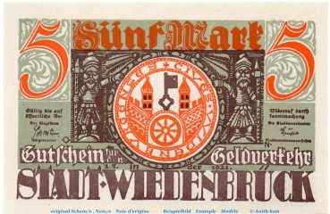 Notgeld Stadt Wiedenbrück 1423.1.b , 5 Mark -DE- mit Drfa. in kfr. von 1921 , Westfalen Seriennotgeld