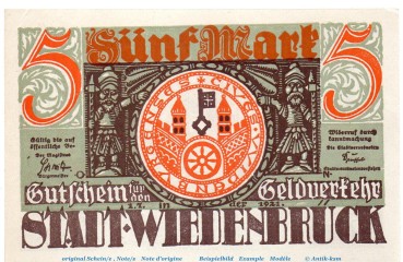 Notgeld Stadt Wiedenbrück 1423.1.b , 5 Mark -IE- mit Drfa. in kfr. von 1921 , Westfalen Seriennotgeld