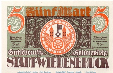 Notgeld Stadt Wiedenbrück 1423.1.b , 5 Mark -RÜ- mit Drfa. in kfr. von 1921 , Westfalen Seriennotgeld