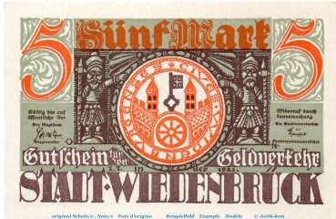 Notgeld Stadt Wiedenbrück 1423.1.b , 5 Mark -W- mit Drfa. in kfr. von 1921 , Westfalen Seriennotgeld