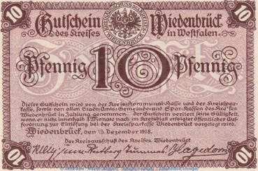Notgeld Stadt Wiedenrück 7895.05.05 , 10 Pfennig Schein in kfr. von 1918 , Westfalen Verkehrsausgabe