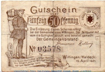 Notgeld Stadt Willingen 7955.05.01 , 50 Pfennig Schein in gbr. von 1921 , Waldeck Verkehrsausgabe