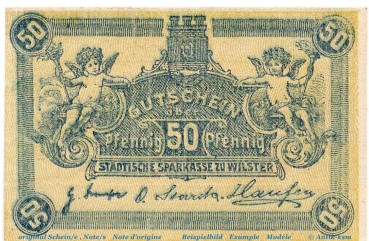 Notgeld Stadt Wilster 7960.05.06 , 50 Pfennig Schein in kfr. o.D. Schleswig Holstein Verkehrsausgabe