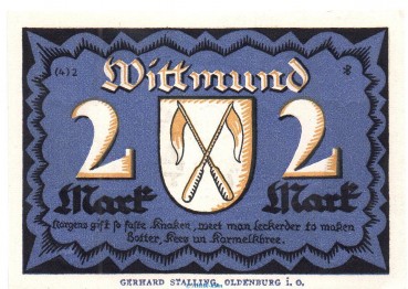 Notgeld Stadt Wittmund 1447.1 , 2 Mark Schein in kfr. von 1922 , Niedersachsen Seriennotgeld