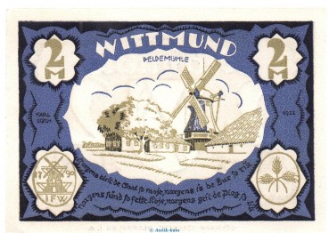 Notgeld Stadt Wittmund 1447.1 , 2 Mark Schein in kfr. von 1922 , Niedersachsen Seriennotgeld