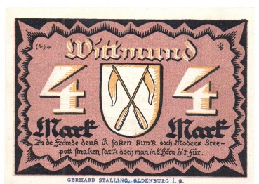Notgeld Stadt Wittmund 1447.1 , 4 Mark Schein in kfr. von 1922 , Niedersachsen Seriennotgeld