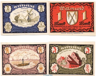 Notgeld Stadt Wittmund 1447.1 , Set mit 4 Scheinen in kfr. von 1922 , Niedersachsen Seriennotgeld