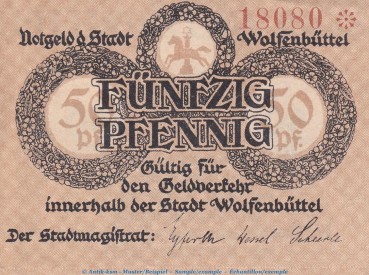 Notgeld Stadt Wolfenbüttel 8070.05.01 , 50 Pfennig Schein in kfr. von 1918 , Niedersachsen VerkehrsausgabeNotgeld Stadt Wolfenbüttel 8070.05.01 , 50 Pfennig Schein in kfr. von 1918 , Niedersachsen Verkehrsausgabe