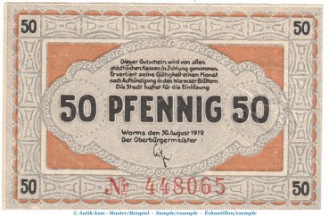 Notgeld Stadt Worms 8105.10.05 , 50 Pfennig Schein in kfr. von 1919 , Hessen Verkehrsausgabe