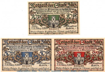 Notgeld Stadt Züls 1477.1 , Set mit 3 Scheinen in kfr. von 1921 , Schlesien Seriennotgeld
