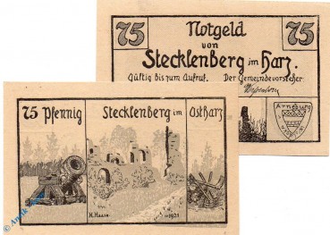 Notgeld Stecklenberg , 75 Pfennig Schein Nr 4 , 79 x 52 mm , Mehl Grabowski 1258.4 , von 1921 , Sachsen Anhalt Seriennotgeld