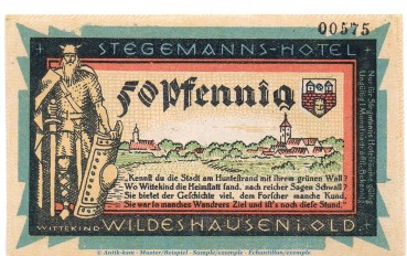 Preview: Notgeld Stegemanns Hotel Wildeshausen 1427.1.b , 50 Pfennig Nr.1 in kfr. o.D. Niedersachsen Seriennotgeld