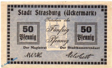 Notgeld Strasburg , 50 Pfennig Schein mit Wz in kfr. Tieste 7165.10.06 , Brandenburg Verkehrsausgabe