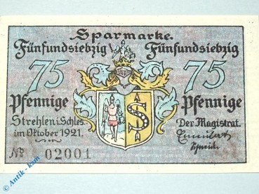 Notgeld Strehlen , Schlesien , Polen Strzelin , Einzelschein 75 Pfennig , Strehlen vom Mühlberg , Seriennotgeld , 1282.1 N , von 1921