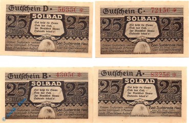 Notgeld Suderode , Satz mit 4 x 25 Pfennig , Mehl Grabowski 1392.1 a , von 1921 , Sachsen Anhalt Seriennotgeld