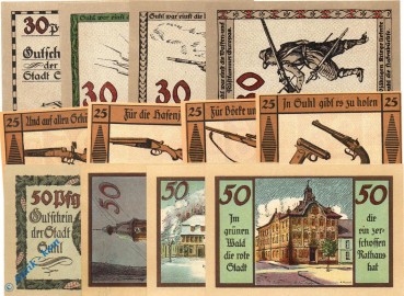 Notgeld Suhl , 3 Sets mit 12 Scheinen kfr , Rüstkammer, Stadansichten, Pistolen , Mehl Grabowski 1303.1 bis 3 , Thüringen Seriennotgeld