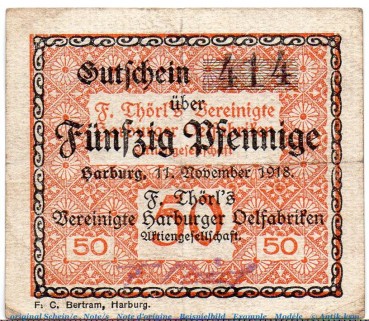 Notgeld Thörls Ölfabriken Harburg 2805.35.02 , 50 Pfennig Schein in gbr. von 1918 , Niedersachsen Verkehrsausgabe