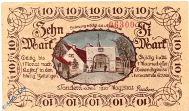 Notgeld Tondern , 10 Mark Schein mit Kn , Mehl Grabowski 1329.1 i , von 1920 , dänisch Nordschleswig Serien Notgeld