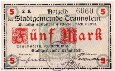 Notgeld Traunstein , 5 Mark Schein in kfr. Geiger 520.04.a , 20.04.1919 , Bayern Großnotgeld