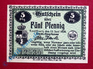 Notgeld Treffurt , Einzelschein über 5 Pfennig , Tieste 7415.20 , Sachsen Verkehrsausgabe