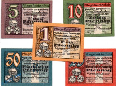 Notgeld Triebes , Pflege Reichenfels , Set mit 5 Scheinen in kfr. Tieste 7450.10.01 bis 05 , von 1921 , Thüringen Verkehrsausgabe