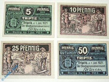 Notgeld Triptis , Set mit 4 Scheinen , Tieste 7460.05.10 bis 13 , von 1921 , Thüringen Verkehrsausgabe