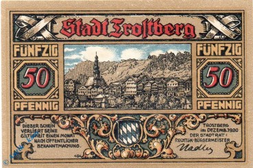 Notgeld Trostberg , 50 Pfennig Schein Nr 1 , Mehl Grabowski 1348.1 , von 1920 , Bayern Seriennotgeld