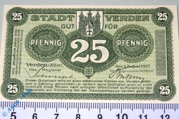 Notgeld Verden , 25 Pfennig Schein , Ohne Kennummer , Musterschein  , Tieste 7590.05.01.M , von 1917 , Niedersachsen Verkehrsausgabe