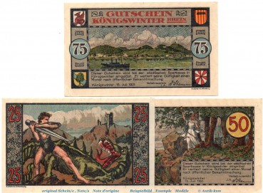 Notgeld Verkehrsverein Königswinter 731.1 , Set mit 3 Scheinen in kfr. von 1921 , Westfalen Seriennotgeld