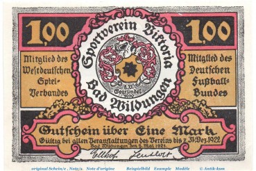 Preview: Notgeld Victoria Bad Wildungen 1428.1.a , 1 Mark Nr 2 , Weißer Rand in kfr. von 1921 , Hessen Seriennotgeld