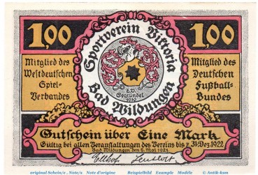 Preview: Notgeld Victoria Bad Wildungen 1428.1.a , 1 Mark Nr 4 , Weißer Rand in kfr. von 1921 , Hessen Seriennotgeld