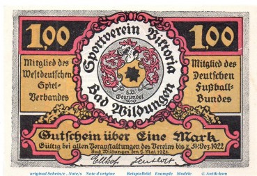 Preview: Notgeld Victoria Bad Wildungen 1428.1.a , 1 Mark Schein Nr 6 , Weißer Rand in kfr. von 1921 , Hessen Seriennotgeld
