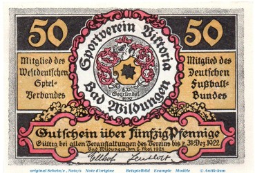 Notgeld Victoria Bad Wildungen 1428.1.a , 50 Pfennig Nr 1 , Weißer Rand in kfr. von 1921 , Hessen Seriennotgeld