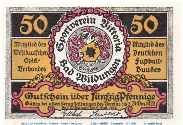 Preview: Notgeld Victoria Bad Wildungen 1428.1.a , 50 Pfennig Nr 4 , Weißer Rand in kfr. von 1921 , Hessen Seriennotgeld