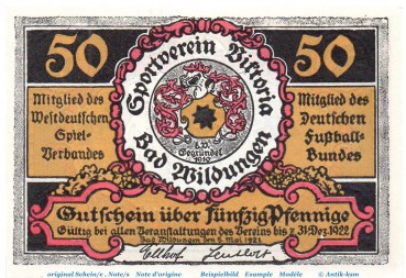 Preview: Notgeld Victoria Bad Wildungen 1428.1.a , 50 Pfennig Nr 6 , Weißer Rand in kfr. von 1921 , Hessen Seriennotgeld