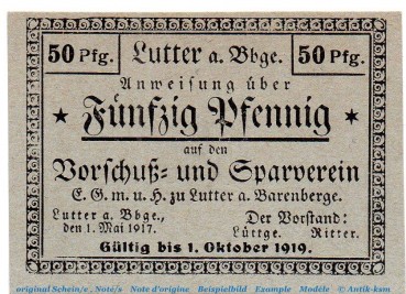 Notgeld Vorschußverein Lutter 4315.05.03 , 50 Pfennig Schein in kfr. von 1917 , Braunschweig Verkehrsausgabe